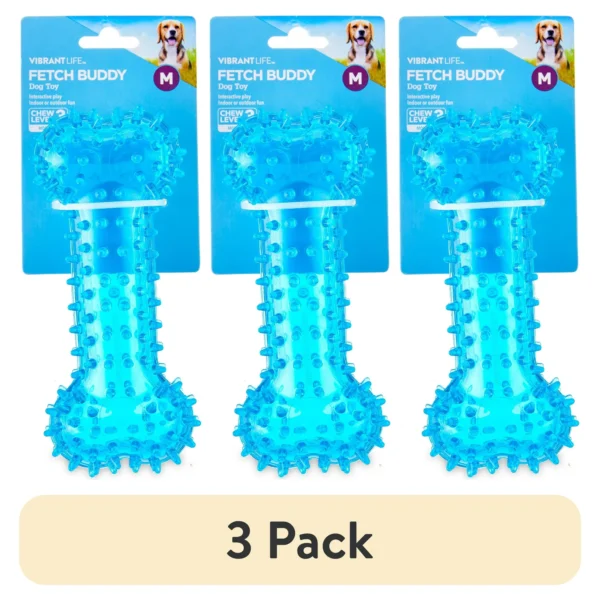 (3 pack) Vibrant Life Fetch Buddy Spiky Blue Bone Dog Toy, Chew Level 3