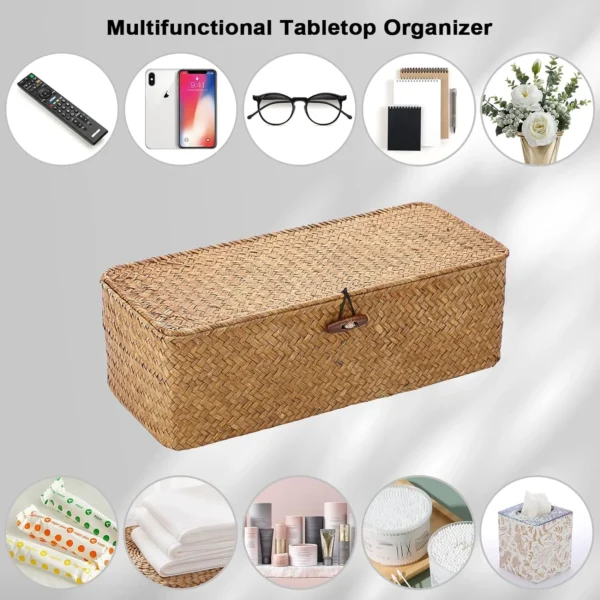 Wicker Storage Basket Woven Rattan Storage Box With Lids Hand Woven Wicker Shelf Baskets Makeup Organizer - Image 4