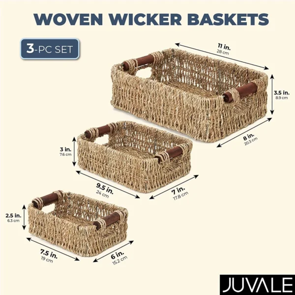 Set of 3 Small Wicker Baskets for Storage, Woven Nesting Bins with Handles for Bathroom Towels and Toilet Paper Organization - Image 5