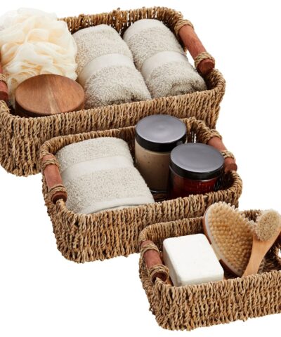 Set of 3 Small Wicker Baskets for Storage, Woven Nesting Bins with Handles for Bathroom Towels and Toilet Paper Organization