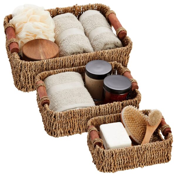 Set of 3 Small Wicker Baskets for Storage, Woven Nesting Bins with Handles for Bathroom Towels and Toilet Paper Organization