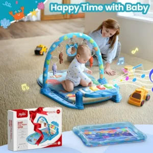 WonderStone 2 in 1 Baby Gym Playmat, Tummy Time Water Mat with 5 Infant Sensory Toys & Play Piano