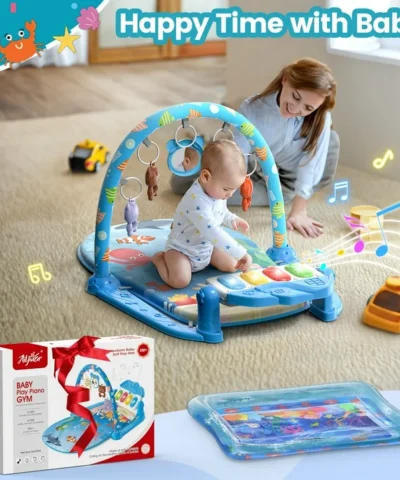 WonderStone 2 in 1 Baby Gym Playmat, Tummy Time Water Mat with 5 Infant Sensory Toys & Play Piano