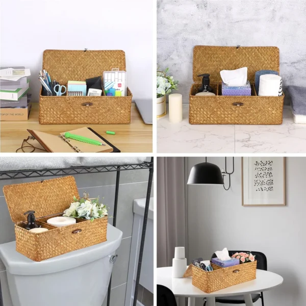 Wicker Storage Basket Woven Rattan Storage Box With Lids Hand Woven Wicker Shelf Baskets Makeup Organizer - Image 3