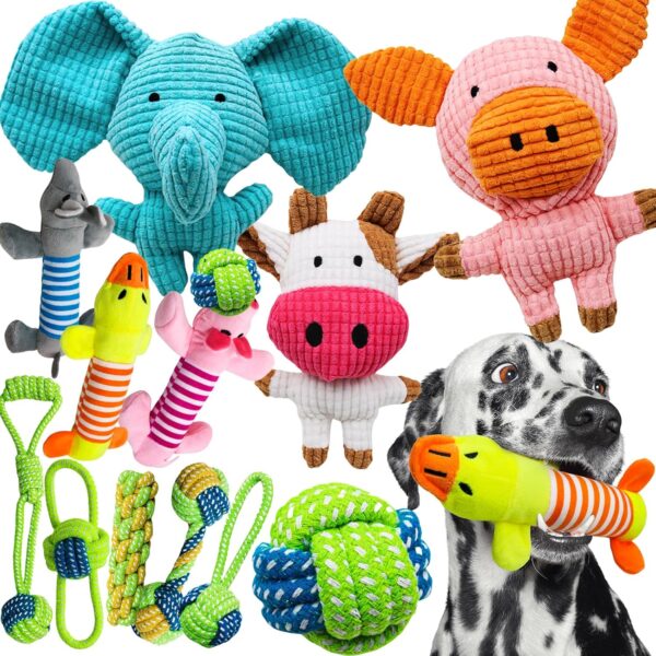 Stuffed Animal Squeaky Plush Chew Toys - 12 Pack, Interactive for Small/Medium Dogs, Bulk Rope Toys for Teething Puppies - Image 4