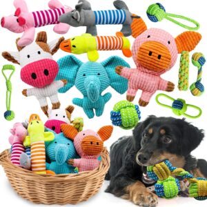 Stuffed Animal Squeaky Plush Chew Toys - 12 Pack, Interactive for Small/Medium Dogs, Bulk Rope Toys for Teething Puppies