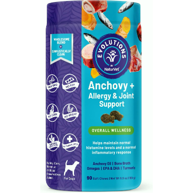 NaturVet Evolutions Anchovy + Allergy & Joint Support 90ct Soft Chews for Dogs – Anchovy Oil, Bone Broth – Helps Maintain Normal Histamine Levels